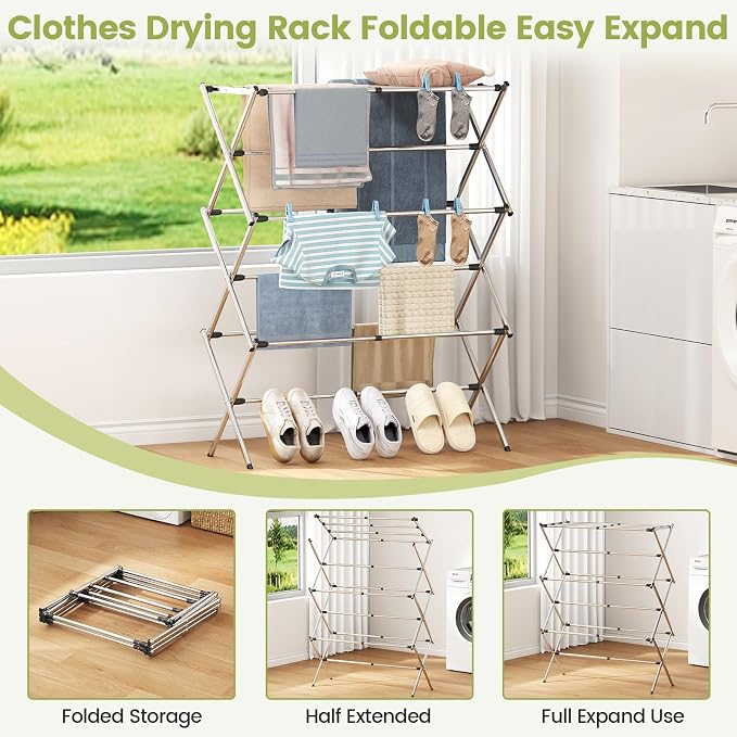 Stainless Steel Clothes Drying Rack, 45.28" H × 14.57" D | Foldable & Extendable, Adjustable Size (24.76"-35.51"L), Space-Saving, Rust-Resistant Frame, Indoor/Outdoor Use, Silver