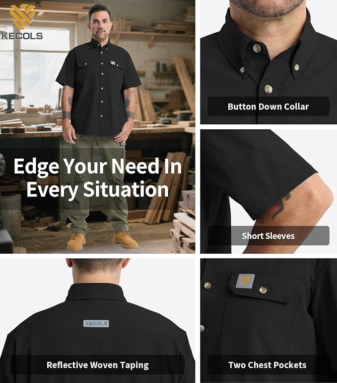 Mens Regular Fit Work Utility Shirt Midweight Short Sleeve Work Wear | Midweight stretch work shirt with reflective trim, 2 secure chest pockets, moisture-wicking comfort, easy-care fabric