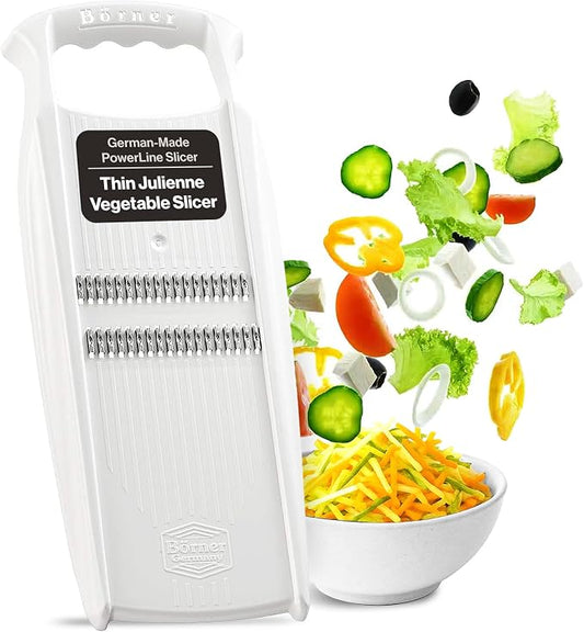 Swissmar Börner PowerLine Thin Julienne Vegetable Slicer – Precision Mandoline Slicer for Potatoes, Zucchini, & Hard Fruits - Perfect for Vegetable Salad – Essential Kitchen Gadgets - White
