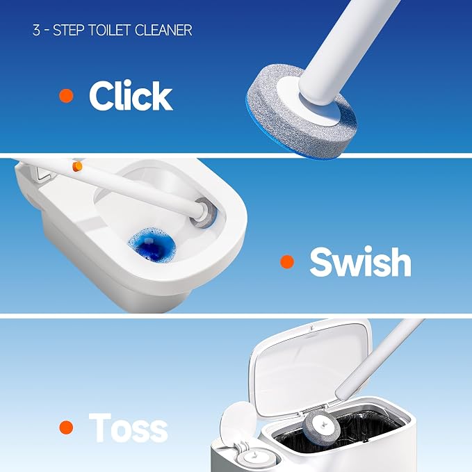 Disposable Toilet Brush and Holder Set - Hands-Free Eject Sponge Toilet Wand with Floor Standing Caddy, Secure-Lock Hangable Toilet Scrubber (36 Refills(Classic Gray))