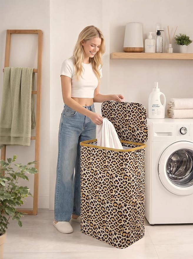IEGrow Laundry Hamper with Lid,110L Laundry Basket with Bag,Leopard Print | Dirty Clothes Hamper Basket with Bamboo Handle for Clothes Towels Organization