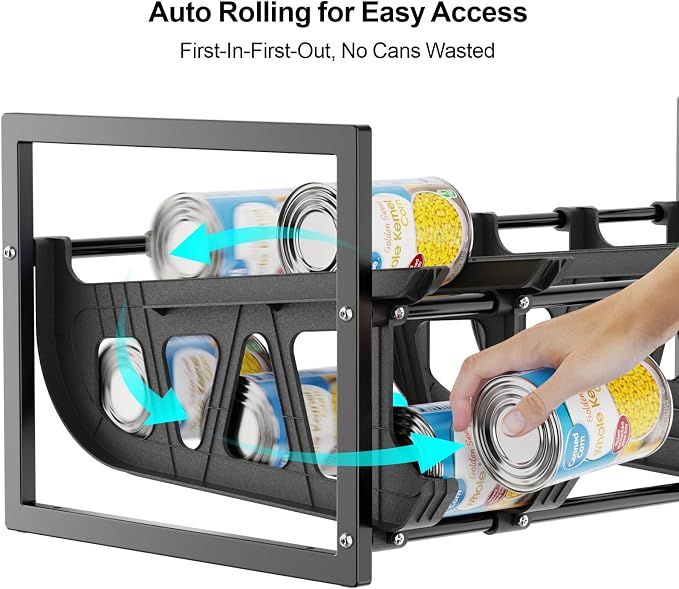 iSPECLE Can Organizer for Pantry - Auto-Rolling, Expands to Hold 60 Cans | Stackable For Walk-in Deep Pantry Shelve, Adjustable Width for Food Cans, Sturdy Metal Frame, Easy Access & Restocking, Black