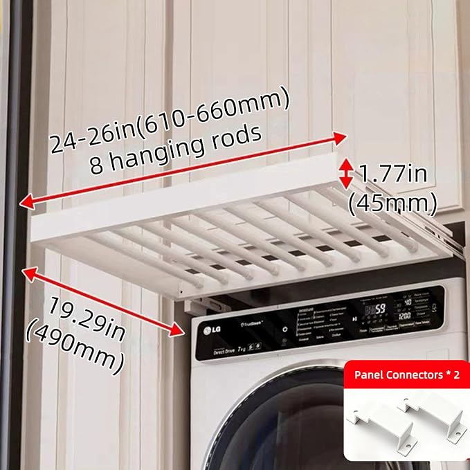 Hidden Pull Out Drying Rack, Extendable Pull Out Trousers Rack, Space Saving, Above Washing Machine Wardrobe, Aluminum Alloy, Tip-On, Depth 19.29in Width 24-26in White