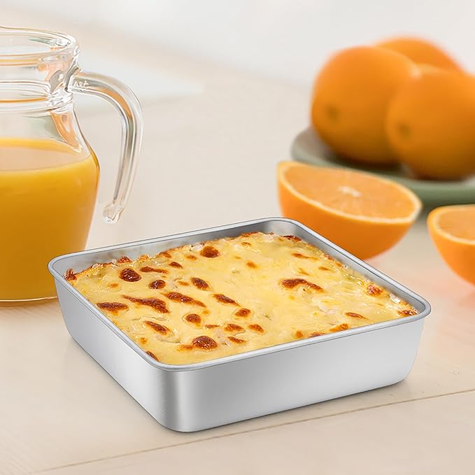 TeamFar Square Cake Pan, 6 Inch Stainless Steel Square Baking Pan for Lasagna Cake Brownie, Healthy & Heavy Duty, Dishwasher Safe & Easy Clean, Brushed Surface & Smooth Edge, Set of 4