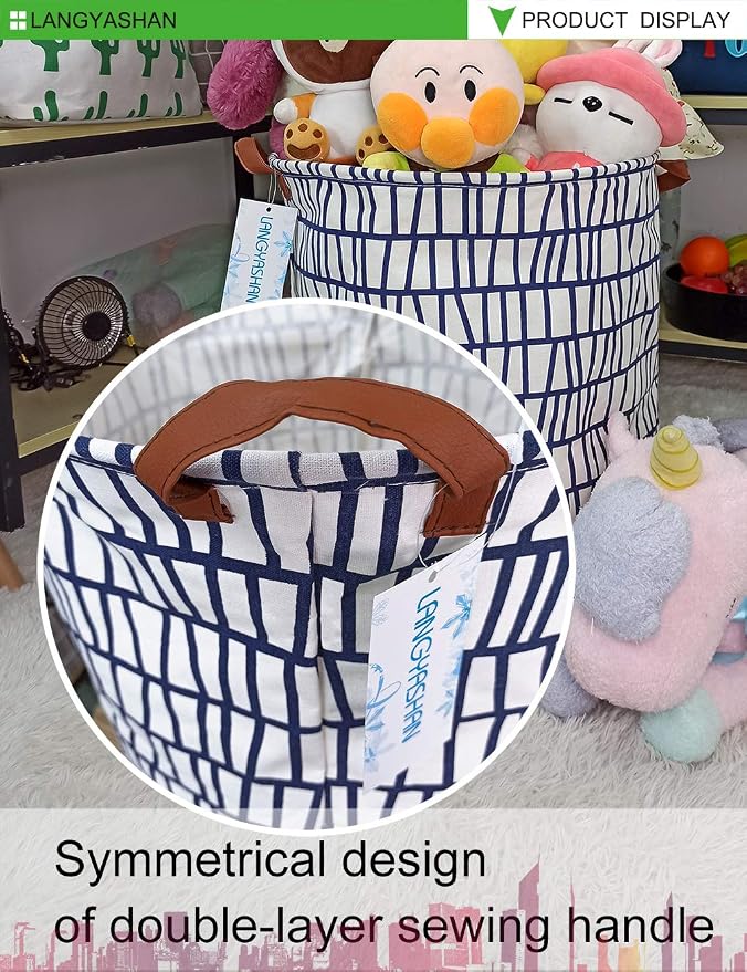 Round Laundry Basket Collapsible Storage Hamper Organizer Blue Stripes | Waterproof Canvas Foldable Baskets with sturdy Handles Multi-scene Organizer for Home Play Bedroom Gift Bin