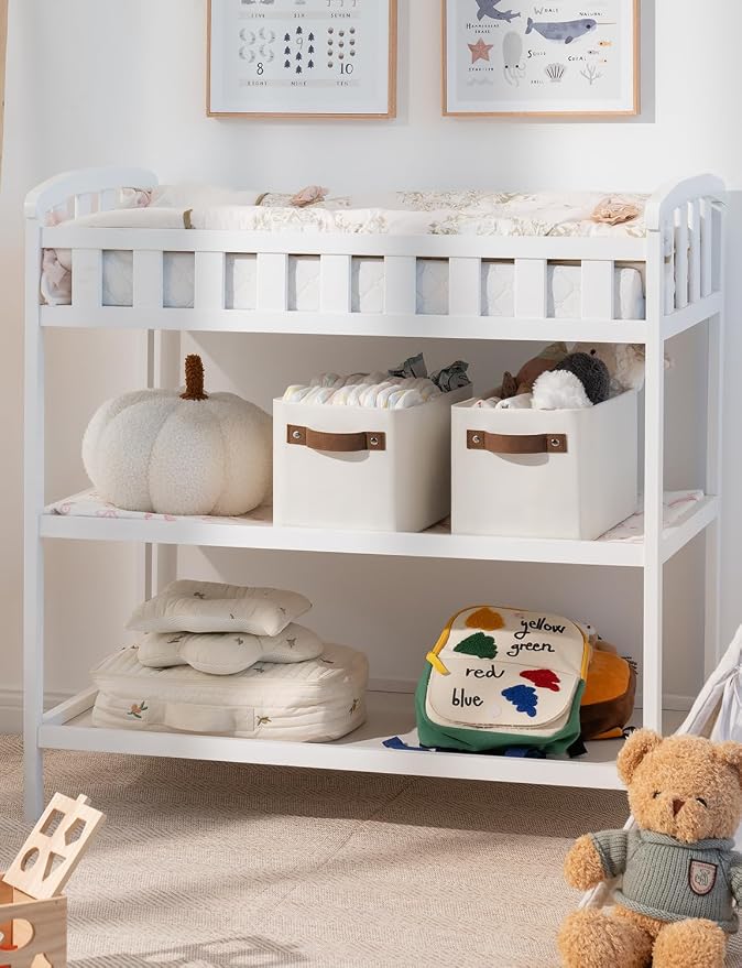 StorageWorks Narrow Storage Bins, Small Basket for Closet and Shelves, Rectangular Fabric Organizer with Handles, Toilet Paper Storage, Beige, 2-Pack