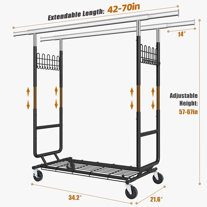 Gewudraw Clothes Rack Heavy Duty Load 900 Lbs With Wheels, Double Rod,Black | Rolling Clothing Rack, Adjustable Height, Extendable Rod, Portable, Collapsible, Shelf, Hooks,for Wardrobe,Bedroom,Commercial