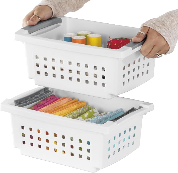 Sterilite 16 Pack Small Stacking Basket, Open Top Storage Bin with Handles, White - Ideal for Home Closets, Kitchens, or Office Organization