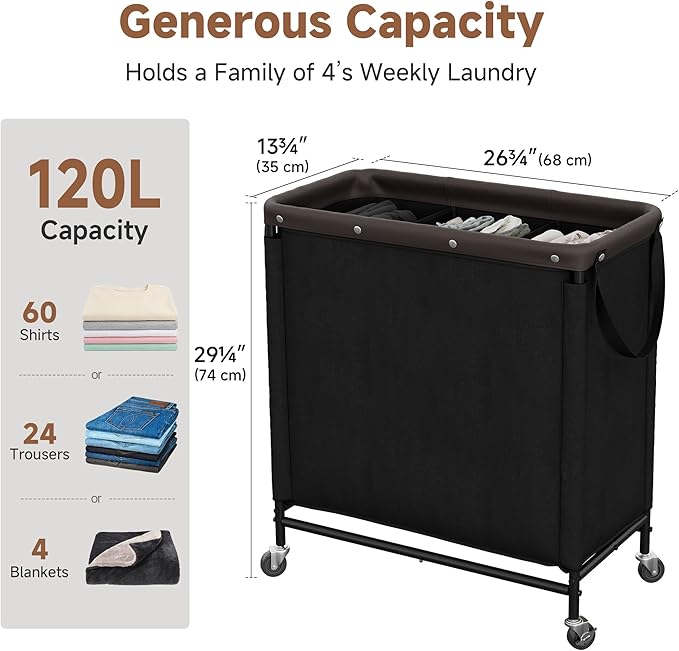 StorageWorks 3 Section Laundry Hamper, 120L Black Sorter Cart with Wheels