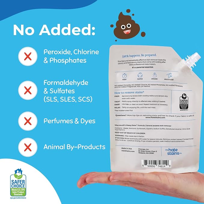 Miss Mouth's Messy Eater Refill, Laundry Stain Remover, 16 Oz Pouch | Easy Refill; Newborn & Baby Essentials; Cleans Food, Grease, Coffee; Use on Laundry, Underwear, Fabric