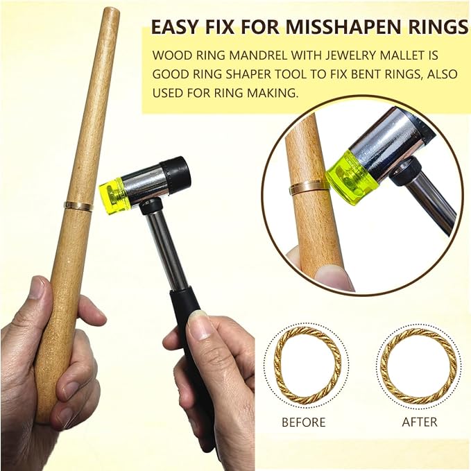Ring Sizer Measuring Tool Metal Ring Mandrel and Mallet for Ring Making Ring Size Measurer Ring Shaper to Fix Bent Rings Jewelry Sizing Reshaper Repair Kit with Hammer (12-Ring Sizer Tool)