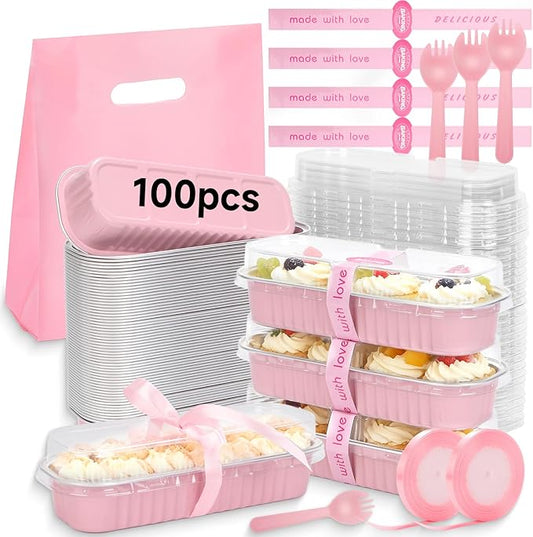 6.8oz Mini Loaf Pans with Lids, 100 Pcs Disposable Rectangular Aluminum Cake Pans, Pink Mini Baking Pans with Lids and Spoons, Includes 20 Pink Gift Bags, Small Cake Tins Ideal for Mini Cakes