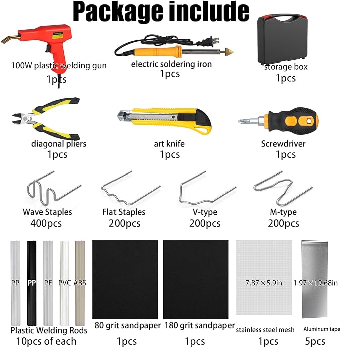 Plastic Welder,2 in 1 Plastic Welding Kit,Hot Stapler Car Bumper Repair Kit | SONNLER 1000PCS Hot Stapler For Car Bumper Crack Repair with Iron , Rods, Metal Mesh, Abrasive Paper, Aluminum Tape