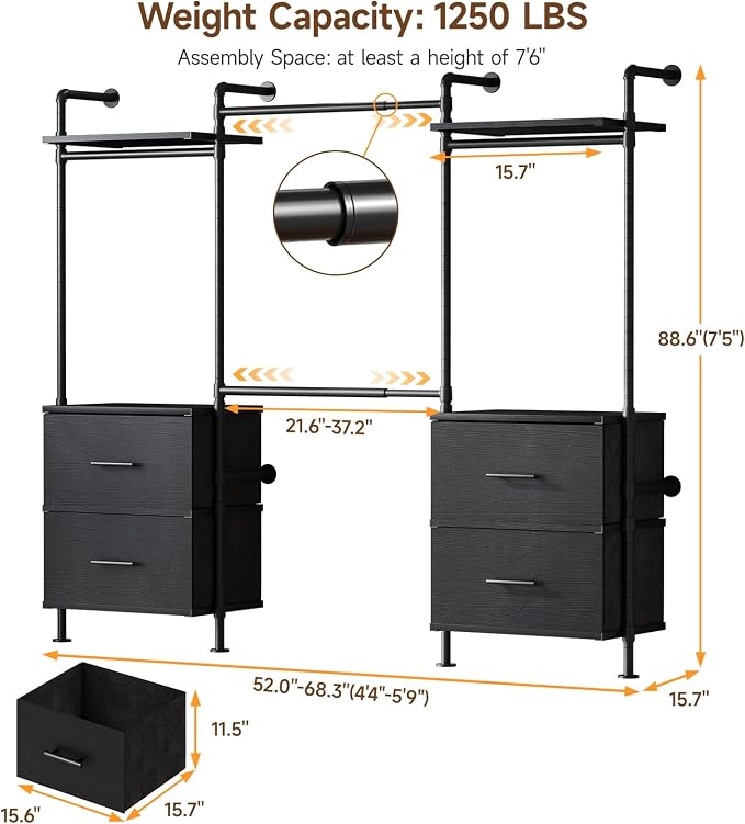 ONBRILL T4 Wall Mounted Closet System, Industrial Pipe Clothing Rack with 8 Wooden Shelves, 4 Drawers & 4 Hanging Rods (2 Expandable), Modular Heavy Duty Closet Organizers and Storage System (Black)