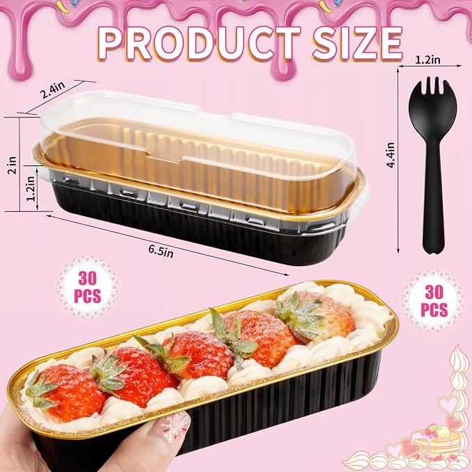 FNIU 30Pcs Mini Loaf Pans with Lids, Aluminum Foil Baking Pans, Rectangle Mini Cake Pans, Brownie Baking Cups for Wedding Birthday Party (Black Gold)