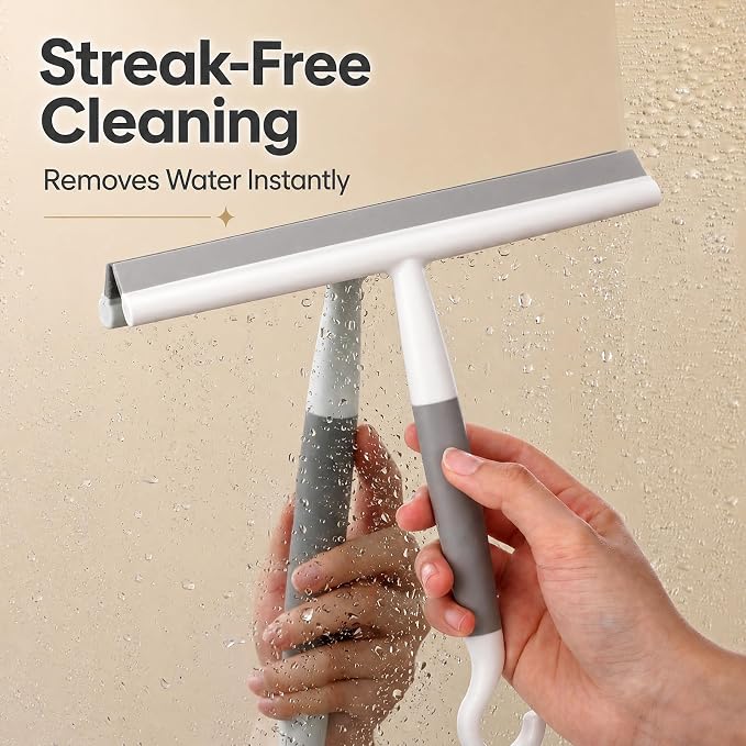 Domensi 3 Pack Silicone Shower Squeegee for Glass Doors with Hook & Suction Cup 8.7" Bathroom Window Squeegee Glass Wiper Streak Free for Bathroom Shower Doors, Mirrors, Car Windows & Kitchen Counters