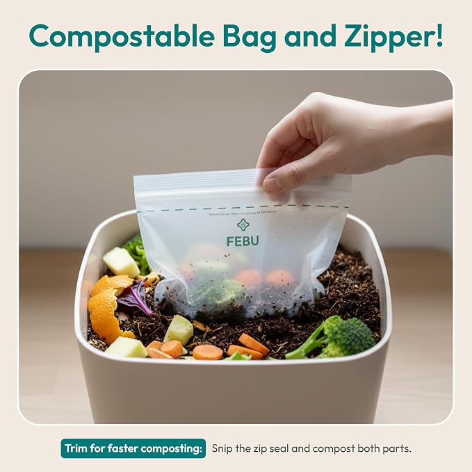 FEBU Snack Compostable Food Storage Bags, 180 Count | Certified Home Compostable & Biodegradable | PFAS & BPA Free Zipper Bags | Leak-Proof & Resealable | 6.5"x 3.25"