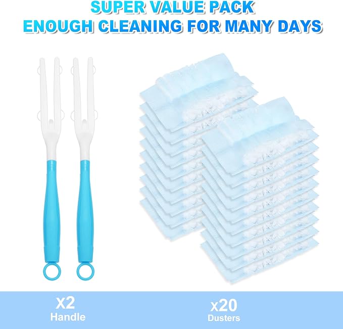 22 Pack Duster Refills w/2 Handles, Compatible with Swiffer Duster | Unscented Disposable Dusters Refills with 2 Detachable Handles, Heavy Duty for Furniture, Blinds, Lamps & Hard-to-Reach