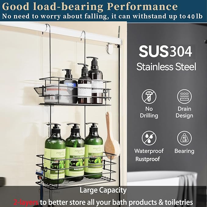 Shower Organizer Hanging Shower Caddy with Rotatable Hook bar Over the Door and Can be Hung on the Faucet or Claw Foot, Stainless Steel Rust Proof and Durable （Black）
