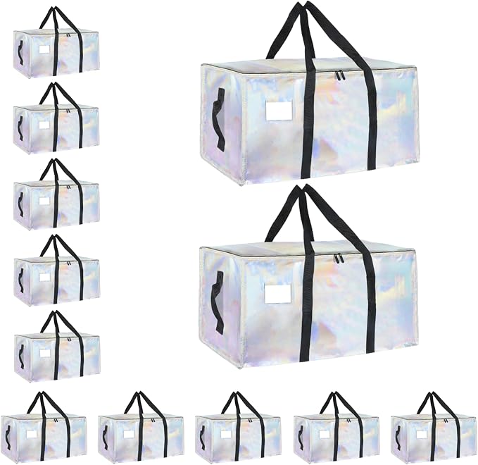 12 Pack-Extra Large Heavy Duty Moving Bags - Waterproof Storage Totes with Handles & Zippers, Foldable for College Dorm, Storage (Shiny Color)
