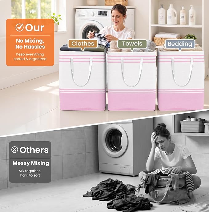 TranquilRelax 3-Pack Laundry Basket, Laundry Hamper, Pink-125L | Freestanding＆Water-Resistant Laundry Hamper, Collapsible Tall Clothes Hamper with Carry Handles for Clothes, Laundry Basket