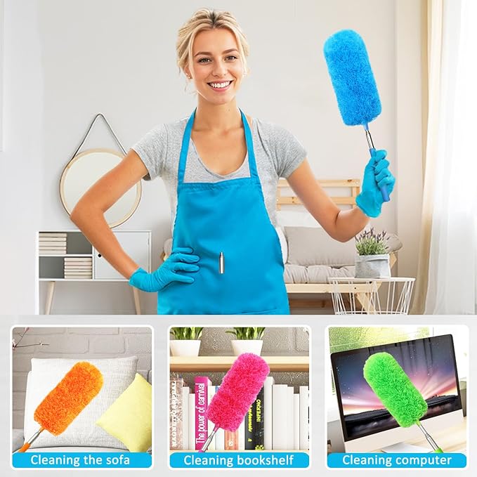 4 Pcs Washable Microfiber Feather Duster, with Extendable Pole and Bendable Head, Microfibre Cleaning Tool for Cleaning Office, Car, Computer, Furniture, Sofa, Blue,green,orange,red