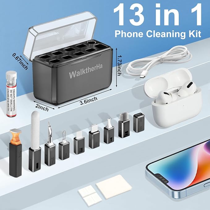13-in-1 for iPhone Cleaning Kit Charging Port Cleaner with Portable Case | Multi-Tool Phone Cleaner for Repair iPhone AirPods Pro iPad (Type C) Charging Port Speaker, Lightning Cables, Connectors