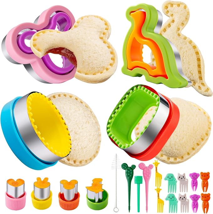 Nifogo Sandwich Cutter for Kids Lunch 48 Pcs (LARGE) | Sandwich Maker, Cookie Cutters and Sealer Set, Stainless Steel, Bread Decruster, Dinosaur Mickey Heart Shape for Boys Girls