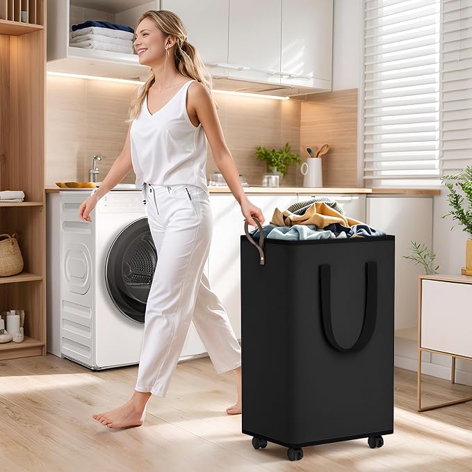 SpaceTrove Rolling Laundry Basket with Wheels, Laundry Hamper, 80L, Black | Collapsible, 4 detachable wheels including 2 with brakes, sturdy handle, metal frame, for dorms, bathrooms and bedrooms