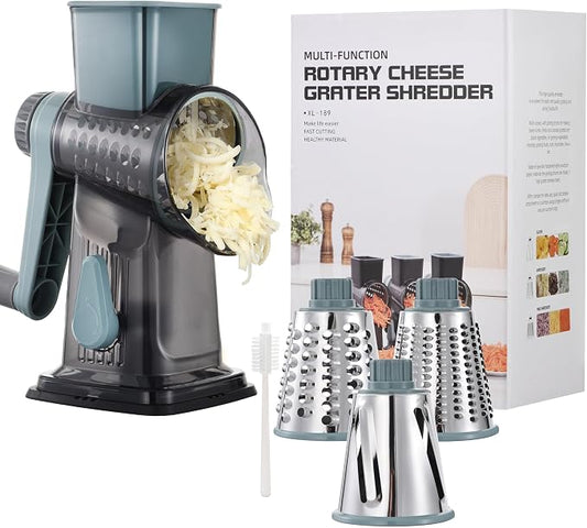 Rotary Cheese Grater Shredder 3-in-1 Hand Crank Suction Base | Stainless steel blades for fine, medium & coarse grating | Perfect for cheese, vegetables & nuts | Finger-safe design