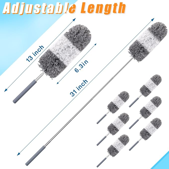 Tanlade 12 Pcs Microfiber Feather Duster for Cleaning, Extendable 13-31 Inch Ceiling Fan Duster with Bendable Head, Washable Tools for Ceiling Fans, Furniture, Car, Cobwebs (Gray White)