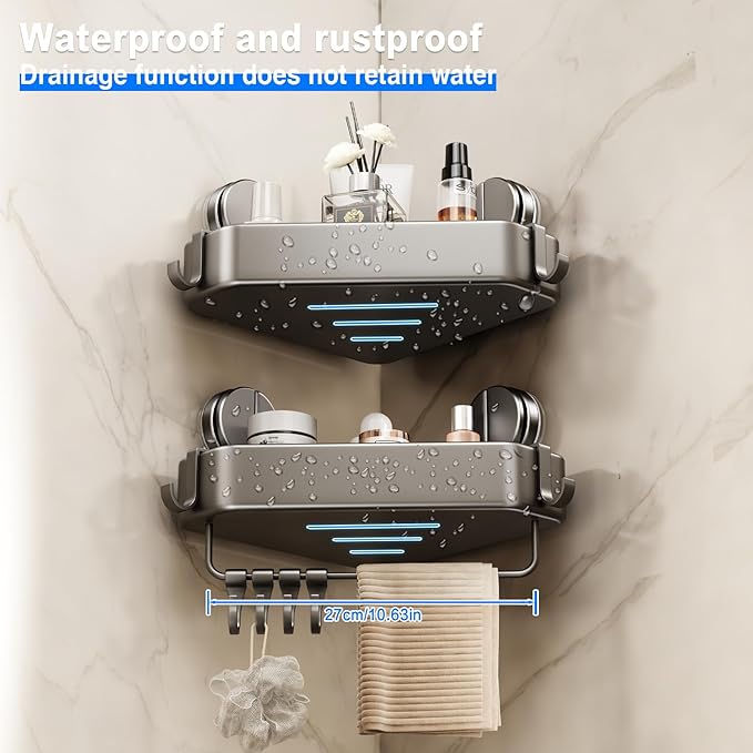 Mustorn Suction Cup Shower Caddy Corner, 1 Pack Suction Corner Shower Shelves No Drilling, Rustproof Shower Organizer Suction Cup with Towel Holder & Hooks Removable Bathroom Storage Rack(Gray)