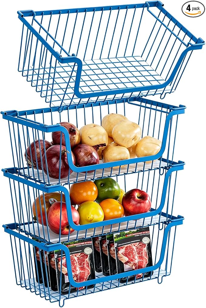 GAOKASE 4 Pcs Stackable Wire Baskets for Pantry Organizers and Storage,Vegetable Fruit Basket for Countertop,Kitchen Storage Metal Baskets,Produce Potato Onion Storage Bin,blue