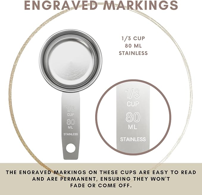 1/3 Cup Stainless Steel Measuring Cup | Sturdy Metal 80 ml | 80 cc | 3 oz | Single Cup for Wet and Dry Ingredients | Great for use as 1/3 Cup Dog Food Scoop - 4 PK