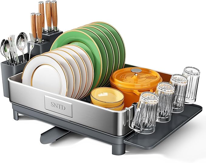 SNTD 304 Stainless Steel Dish Drying Rack for Small Kitchen Counter, Grey | Rustproof, Large Capacity, Heavy-Duty Frame, Rotating Spout, Angled Drainboard, Removable Cup & Utensil Holder