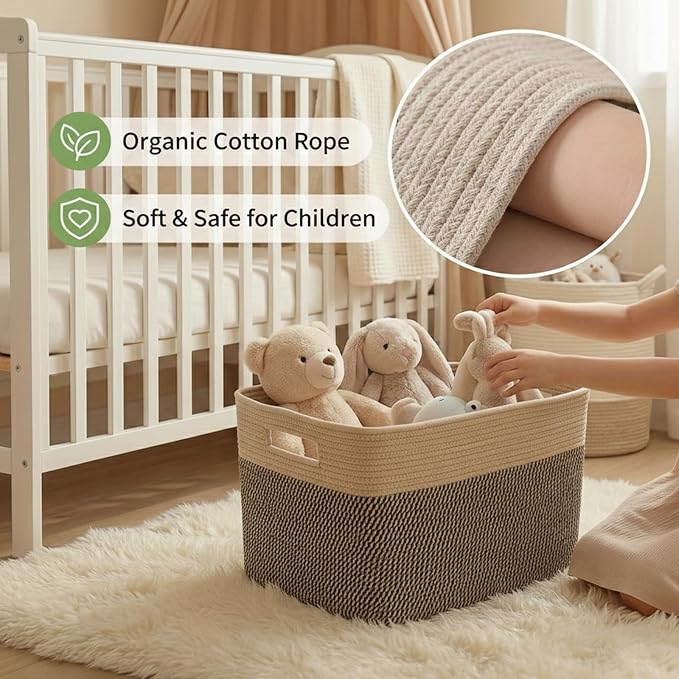 JMvicyroam 96L Large Woven Cotton Rope Blanket Basket, Jute&Black | Blanket storage for living room or bedroom use, Freestanding with reinforced handles, Entire basket is machine washable