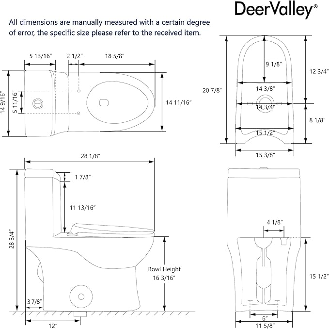 DeerValley Elongated One Piece Toilet with Standard Height Quick Release Seat Dual Flush 1.1/1.6 GPF White 12" Rough In Bathroom Toilet