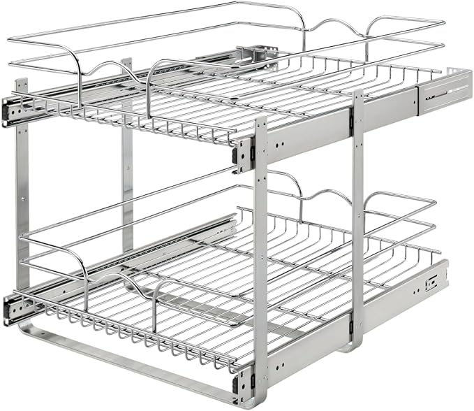 Rev-A-Shelf Pullout Organizer for Cabinets, Min Opening Width of 18" | STwo-Tier Steel Shelf for Kitchen or Vanity Cabinet Organization, Heavy Gauge Wire Slide Out Storage Basket, 5WB2-1822CR-1