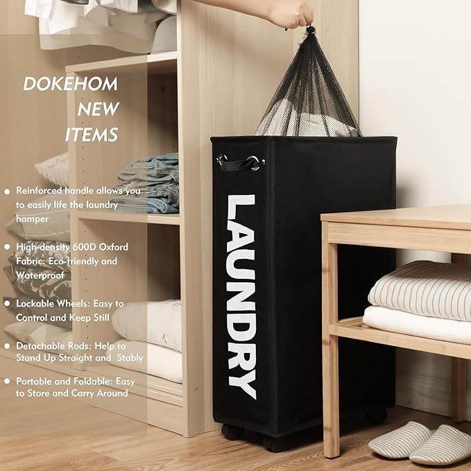 DOKEHOM 29" Enlarged Slim Rolling Laundry Basket Hamper on Wheels, Black | Collapsible tall laundry hamper with removable mesh wash bag. Foldable narrow corner clothes storage bin for small spaces