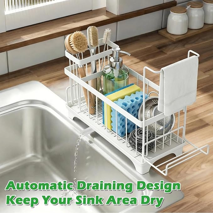 Sponge Holder for Kitchen Sink, Self-Draining Sink Caddy with Detachable Cloth & Dish Brush Rack, Metal Sponge Caddy Organizer for Kitchen Countertop Organizers and Storage Accessories, White