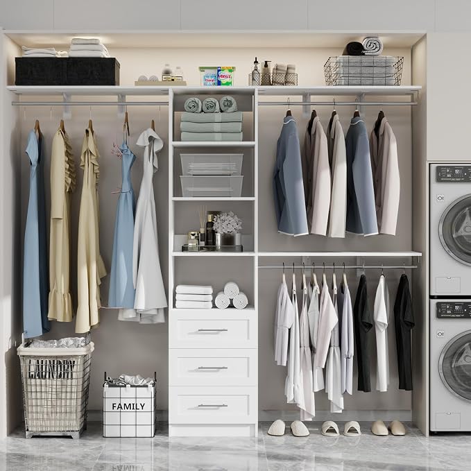 Closet System with Drawers, 5-8FT Closet Organizer Systems with Expandable Hanging Rods, 91.36" Closet Shelving Systems for Walk in Closets, Heavy Duty Wall Mount Closet Systems-White