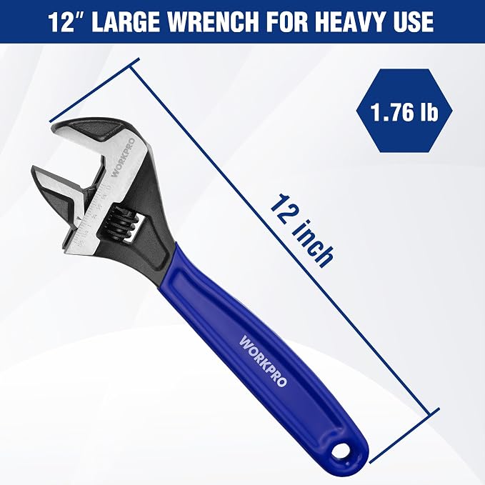 WORKPRO 12-Inch Adjustable Wrench, Wide Jaw Cr-V steel Wrench | Black Oxide Finish, Metric & SAE Scales,Ideal for Home Repairs, Garage, Workshop and DIY Applications