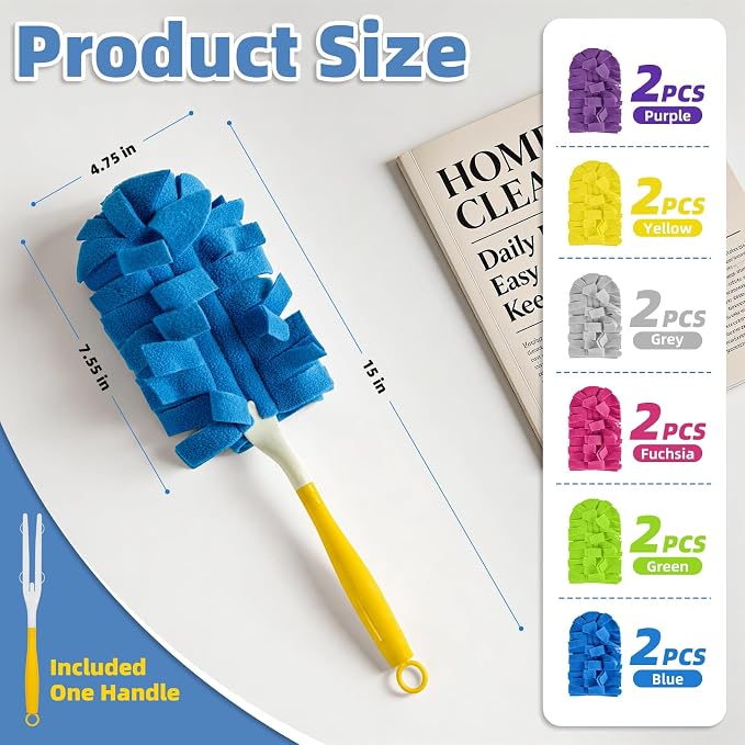 Reusable Duster Refills, Washable Duster for Swiffer (12 PCS) | Include 1 Handle & Laundry Bag, Microfiber Dusting Cloths for Cleaning Fan, Floor, Blind, Windows