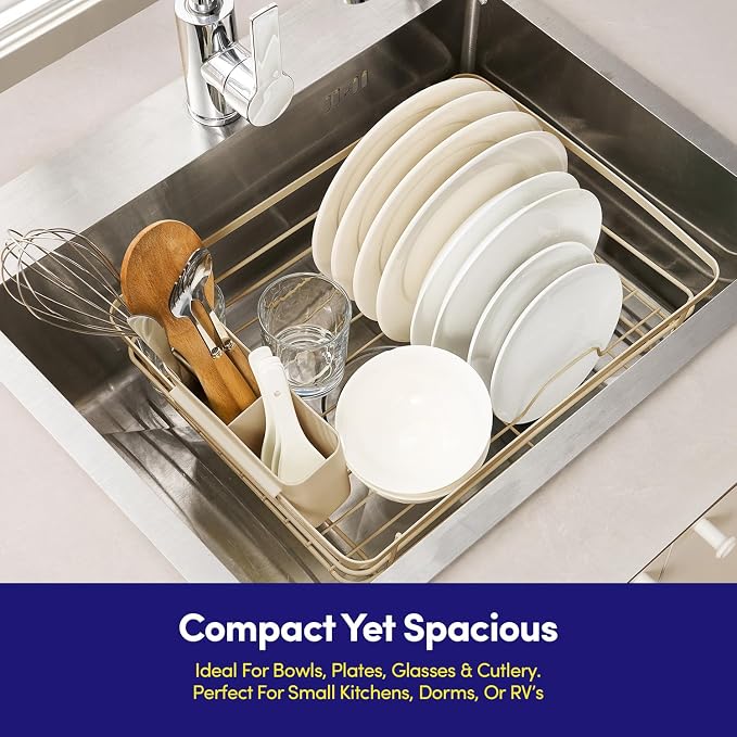 Dish Drying Rack 3 Piece Dish Drainer with Drainboard Set for Kitchen Counter – Dish Rack with Removable Utensil Holder & Swivel Spout for Countertop – DishRack for Plates, Cups & More, Beige