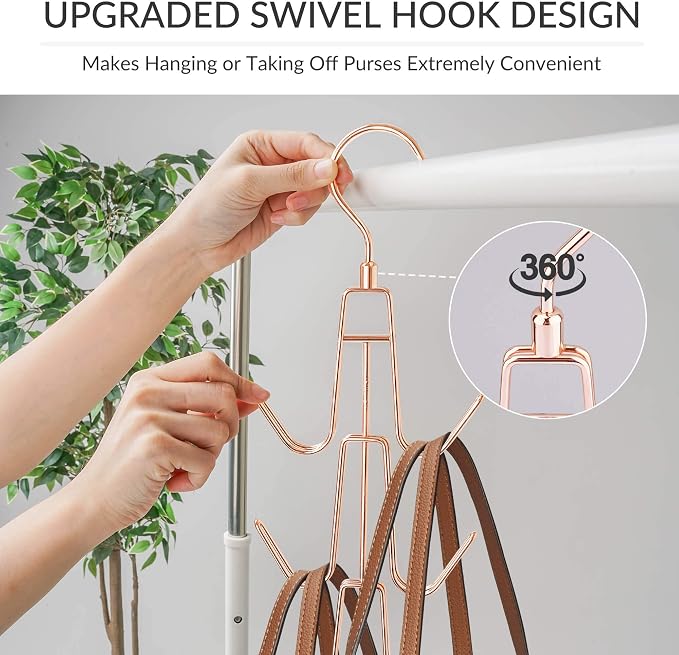 ZEDODIER 2 Pack Purse Organizer for Closet, Heavy-Duty Hanging Purse Hanger Closet Holds Up to 12 Purses, Metal Rotating Space Saving Bag Holder Handbag Storage Hook Backpack Rack, Rose Gold
