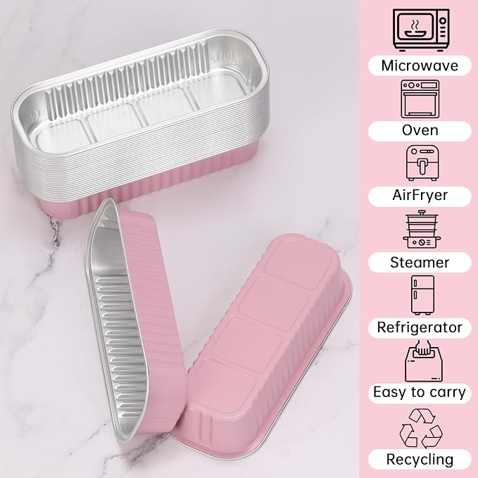 100 Pack 6.8 oz Rectangular Mini Loaf Pans with Lids and Spoons,Disposable Aluminum Foil Mini Cake Pans and Baking Tins with Sealing Stickers, Individual Pink Dessert Containers for Parties