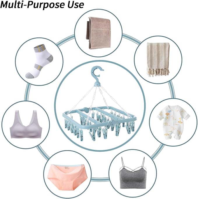 Laundry Drying Rack with 32 Clips, Foldable, Light Blue | 32 Clips, Foldable