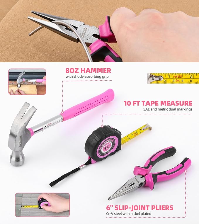 DOWELL 116Pcs Pink Tool Kit, Tool Set with 3.6V USB Cordless Screwdriver | Small Drill Set for Women, Girls