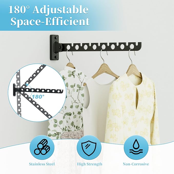 Alise Clothes Drying Racks Wall Mounted Coat Hangers,Black,2 Pcs | Foldable Hangers Clothes Hook Closet Storage Organizer,Swivel Space Saving Clothes Hanger Rack for Bedroom Bathroom Laundry