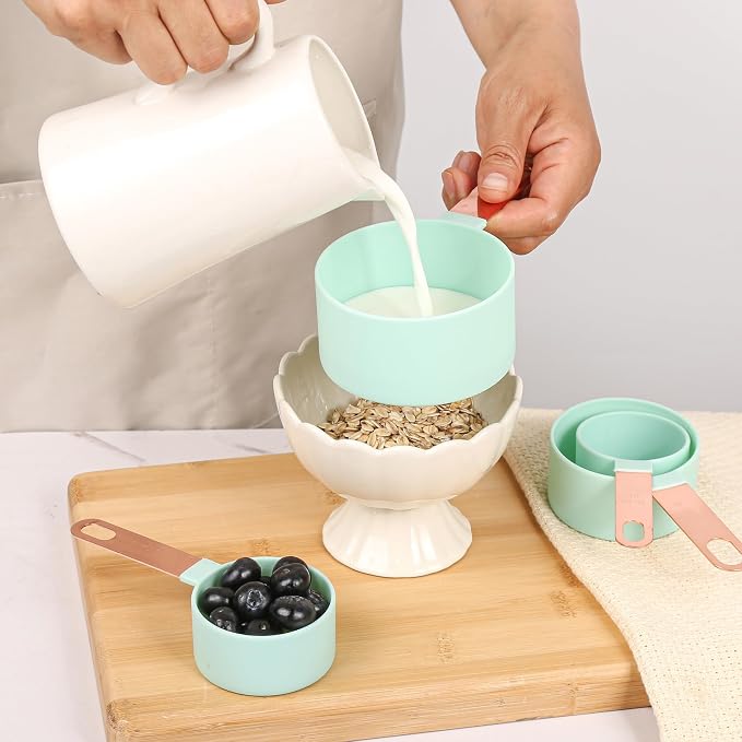 8-Piece Stackable Rose Gold Stainless Steel Handled Measuring Cups and Spoons for Measuring Dry and Liquid Ingredients (green)